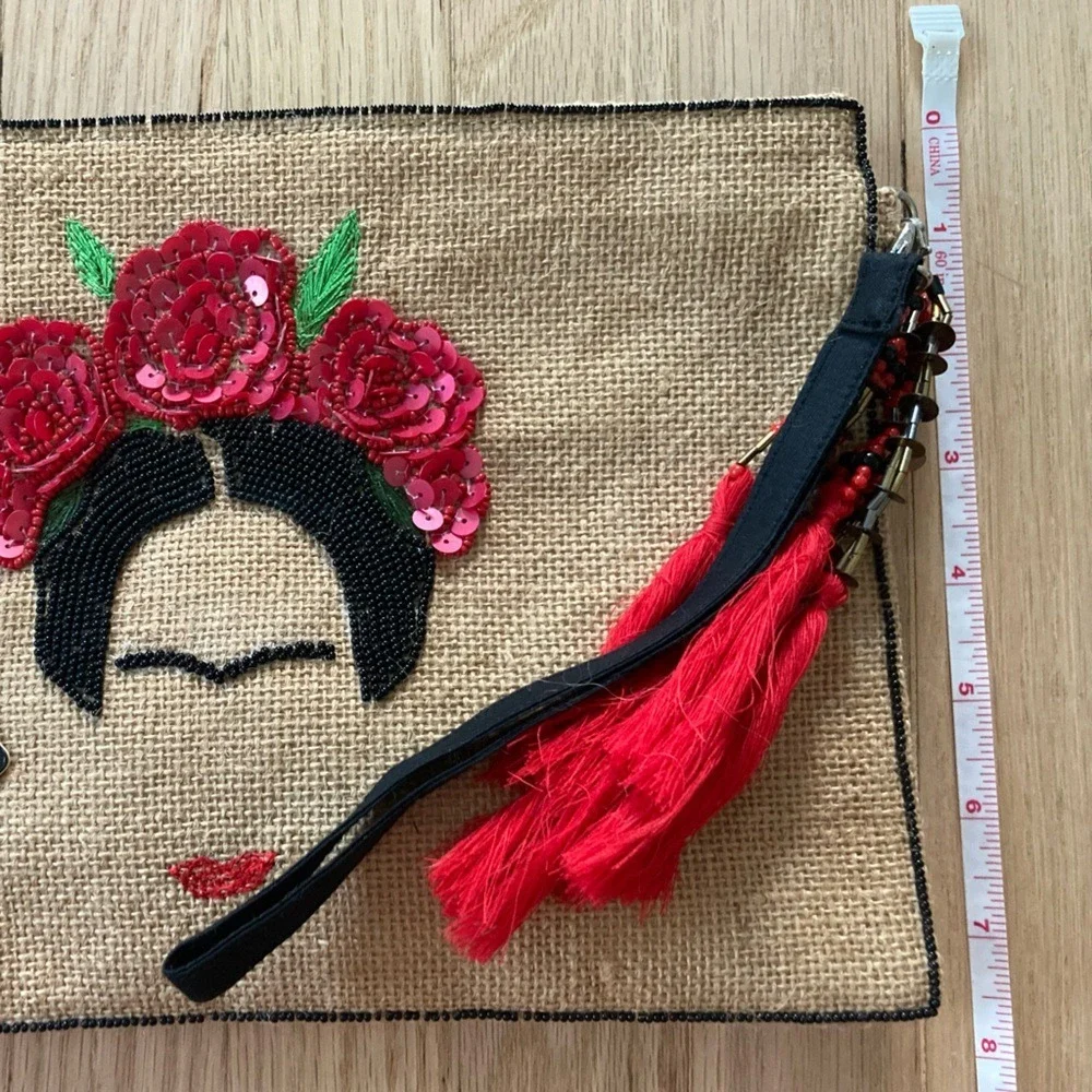 3 in 1 Handmade Burlap Frida Kahlo Embroidery Crossbody Wristlet Clutch‎ Latina